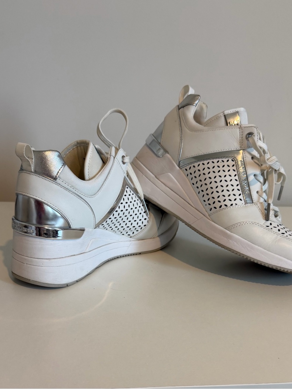 Michael Kors Cream and Gold Perforated Wedge Sneakers